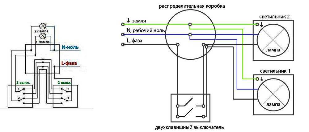 Схема подключения двухклавишного выключателя: к двум лампочкам, монтаж